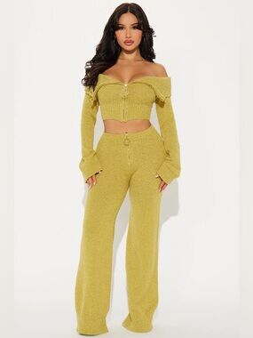 Fashion Nova Chartreuse Off-Shoulder Cropped Knit Top & Wide Leg Pants Set